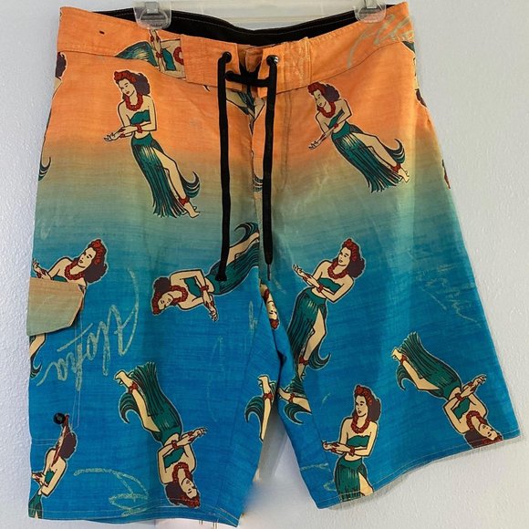 Vintage Hang Ten Hula Girl FlexWave Board Shorts - Picture 1 of 5